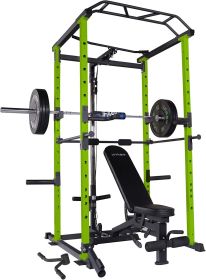 100lb Green Home Gym Set Multi-functional Power Cage, Home Adjustable Pullup Squat Rack 1000Lbs Capacity Comprehensive Fitness Barbell Rack (Plates Included: 100lbs)