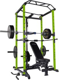 100lb Green Home Gym Set Multi-functional Power Cage, Home Adjustable Pullup Squat Rack 1000Lbs Capacity Comprehensive Fitness Barbell Rack (Plates Included: 200lbs)
