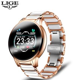 LIGE cross-border smart watch ceramic watch chain watch multi-function sports waterproof watch blood pressure itching (Colour: Steel strip gold white)