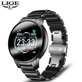 LIGE cross-border smart watch ceramic watch chain watch multi-function sports waterproof watch blood pressure itching (Colour: Steel strip black)