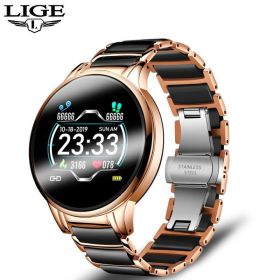 LIGE cross-border smart watch ceramic watch chain watch multi-function sports waterproof watch blood pressure itching (Colour: Steel strip gold black)