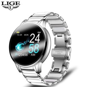 LIGE cross-border smart watch ceramic watch chain watch multi-function sports waterproof watch blood pressure itching (Colour: Steel strip silver)
