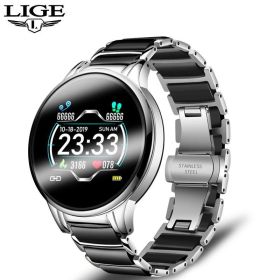 LIGE cross-border smart watch ceramic watch chain watch multi-function sports waterproof watch blood pressure itching (Colour: Steel strip silver black)
